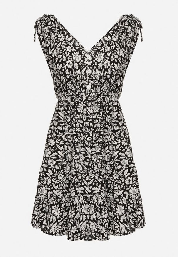 Born2be - Czarno-Biała Bawełniana Sukienka na Ramiączkach ze Ściągaczami i Guzikami z Gumką w Talii Tesria. Okazja: na spacer. Typ kołnierza: dekolt w kształcie V. Kolor: czarny. Materiał: bawełna. Długość rękawa: na ramiączkach. Sezon: lato. Styl: elegancki