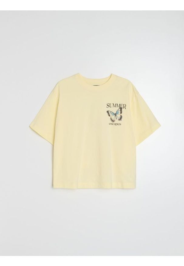 Sinsay - Bawełniana koszulka z nadrukiem motyli - żółty. Kolor: żółty. Materiał: bawełna. Wzór: nadruk
