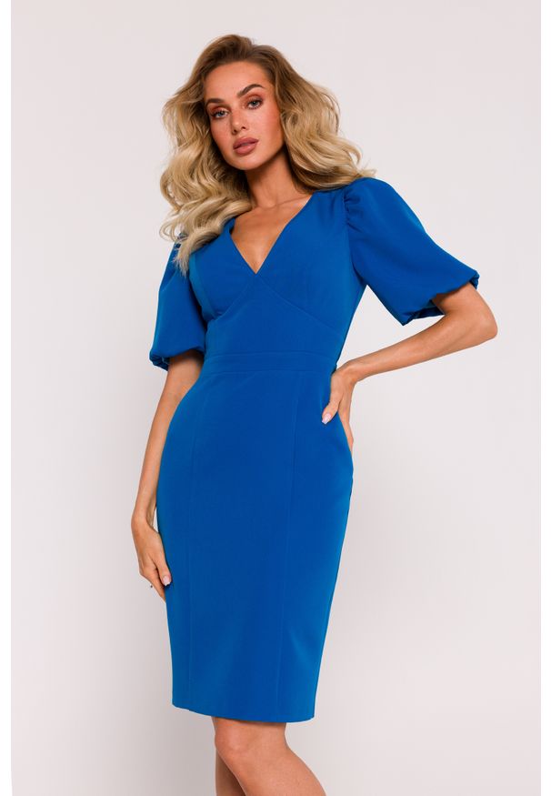 MOE - Elegancka ołówkowa sukienka dekolt V bufiaste rękawy niebieska. Kolor: niebieski. Typ sukienki: ołówkowe. Styl: elegancki