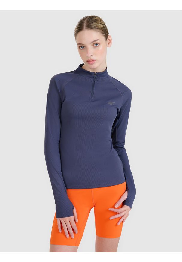 4f - 4F Longsleeve do biegania w terenie szybkoschnący damski - ciemny szary L. Typ kołnierza: kołnierzyk stójkowy. Kolor: szary. Materiał: dzianina, włókno, materiał, syntetyk. Długość rękawa: długi rękaw. Długość: długie. Wzór: ze splotem. Sport: fitness