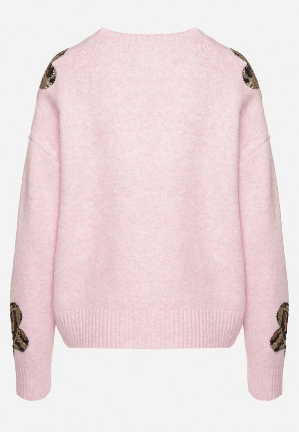 Born2be - Różowy Sweter z Kwiatowymi Naszywkami i Cekinami Ciadora. Okazja: na co dzień. Kolor: różowy. Materiał: jeans. Wzór: aplikacja, kwiaty. Styl: casual, elegancki