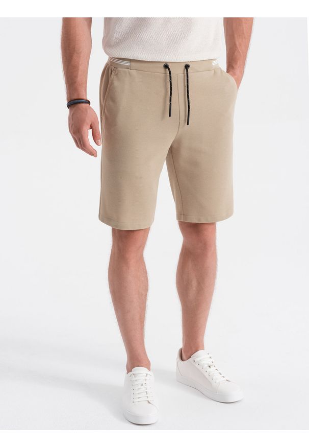 Ombre Clothing - Dzianinowe szorty męskie z ozdobną gumka w pasie - beżowe V3 - Rozmiar: XL. Kolor: beżowy. Materiał: dzianina