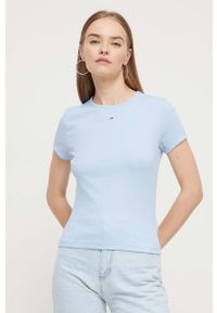 Tommy Jeans t-shirt damski kolor niebieski. Okazja: na co dzień. Kolor: niebieski. Materiał: bawełna, dzianina, prążkowany. Wzór: aplikacja. Styl: casual #1