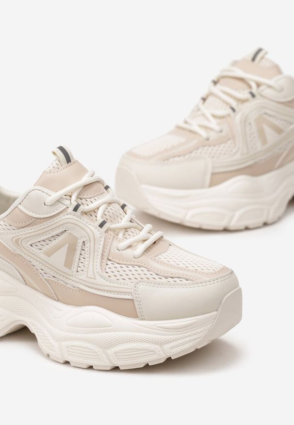 Renee - Beżowe Sneakersy z Siateczką i Wstawkami z Ekoskóry na Grubej Podeszwie Anirele. Kolor: beżowy