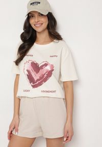 Born2be - Jasnobeżowy T-shirt z Ozdobnym Nadrukiem Palithiela. Okazja: na co dzień. Kolor: beżowy. Materiał: jeans. Wzór: nadruk. Styl: klasyczny, casual #7