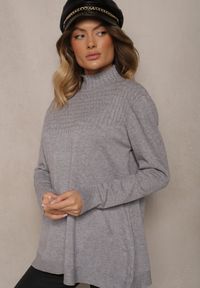 Renee - Szary Sweter Półgolf z Bawełną i Kieszenią z Przodu Emittes. Okazja: na co dzień, na randkę. Kolor: szary. Materiał: bawełna. Długość rękawa: długi rękaw. Długość: długie. Styl: klasyczny, elegancki, casual