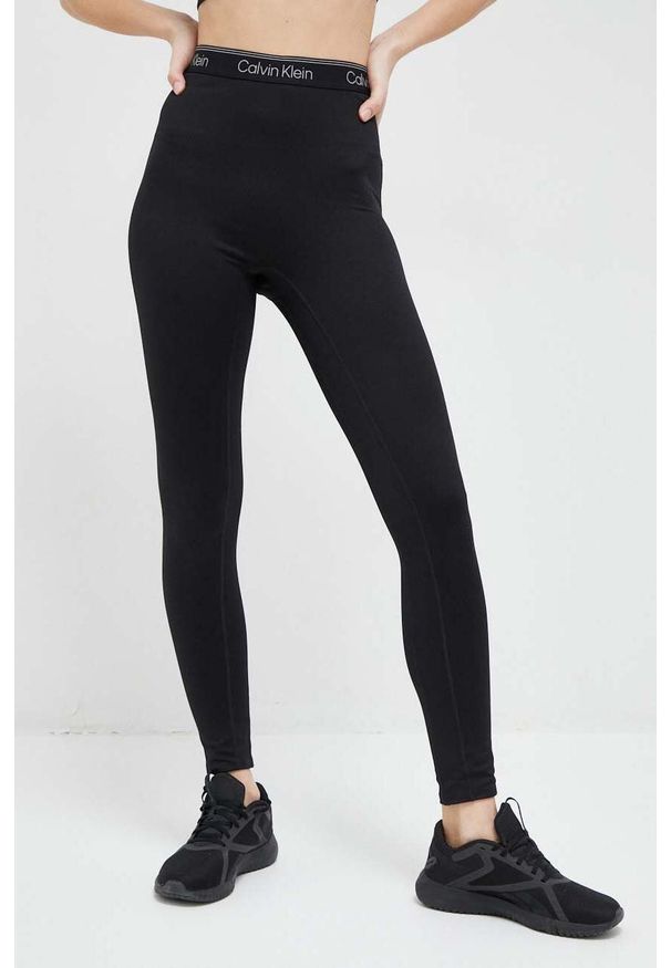 Calvin Klein Performance legginsy treningowe CK Athletic kolor czarny gładkie. Stan: podwyższony. Kolor: czarny. Materiał: skóra. Wzór: gładki