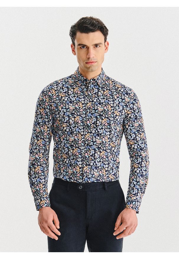 Pako Lorente - PAKO LORENTE - Granatowa koszula w kwiaty. Kolor: niebieski. Materiał: bawełna, elastan. Długość rękawa: długi rękaw. Długość: długie. Wzór: kwiaty