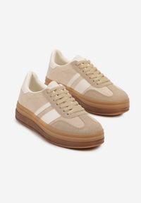 Renee - Ciemnobeżowe Sneakersy na Płaskiej Podeszwie z Ozdobnymi Paskami Velali. Nosek buta: okrągły. Zapięcie: pasek. Kolor: beżowy. Obcas: na płaskiej podeszwie. Wysokość obcasa: niski #3