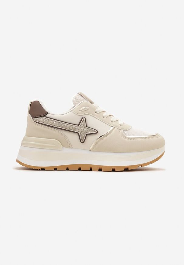 Renee - Beżowe Sneakersy na Niskiej Platformie z Ozdobnymi Wstawkami na Cholewce Suno. Nosek buta: okrągły. Zapięcie: sznurówki. Kolor: beżowy. Materiał: materiał. Szerokość cholewki: normalna. Obcas: na platformie. Wysokość obcasa: niski