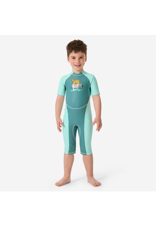 Decathlon - Kombinezon UV dla malucha Nabaiji Kloupi Sawanna. Kolor: niebieski, wielokolorowy, zielony. Materiał: poliester, materiał, elastan