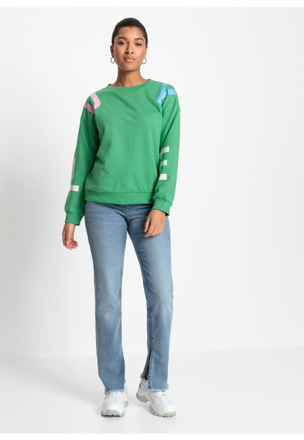 bonprix - Bluza oversize z miękkiej mieszanki z bawełną. Kolor: zielony. Materiał: bawełna. Wzór: nadruk, napisy