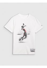 4f - 4F T-shirt regular z nadrukiem męski - biały XXL. Okazja: na co dzień. Kolor: biały. Materiał: bawełna, jersey, materiał. Długość rękawa: krótki rękaw. Długość: krótkie. Wzór: nadruk. Styl: sportowy, klasyczny, casual