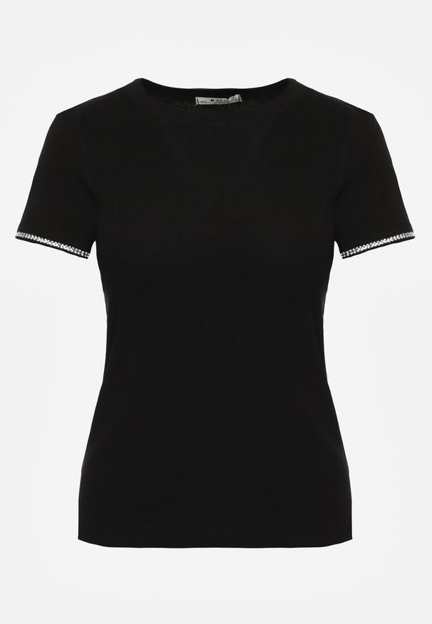 Born2be - Czarny Bawełniany T-shirt z Cyrkoniami przy Rękawach Pronolea. Okazja: na co dzień. Kolor: czarny. Materiał: bawełna. Wzór: aplikacja. Styl: casual, klasyczny