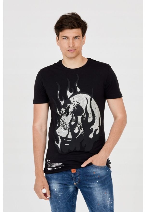 Philipp Plein - PHILIPP PLEIN Męski t-shirt z czaszką w płomieniach, Rozmiar L. Kolor: czarny