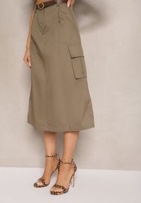 Renee - Ciemnozielony Komplet w Stylu Utility Koszula Cropped Bez Rękawów i Spódnica z Kieszeniami Notcha. Kolor: zielony