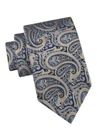 Klasyczny Krawat Męski - Chattier - Duże Paisley, Złoto i Granat. Kolor: żółty, wielokolorowy, niebieski, złoty. Materiał: tkanina. Wzór: paisley. Styl: klasyczny