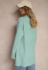 Renee - Miętowy Kardigan Nierozpinany o Długim Kroju Ozdobiony Tłoczeniem Vailithe. Okazja: na spacer, na co dzień. Kolor: miętowy. Materiał: jeans. Długość: długie. Wzór: aplikacja. Styl: casual, elegancki #5