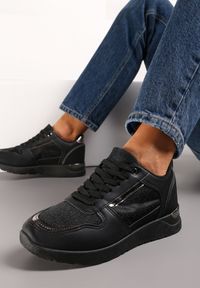 Renee - Czarne Płaskie Sneakersy Sznurowane z Brokatowymi Wstawkami Raflia. Kolor: czarny. Szerokość cholewki: normalna #1