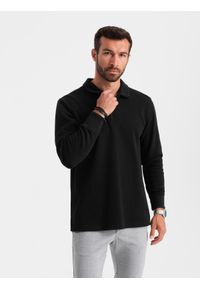 Ombre Clothing - Bluza męska z kołnierzykiem polo ze strukturalnej dzianiny - czarna V8. Typ kołnierza: polo. Kolor: czarny. Materiał: dzianina