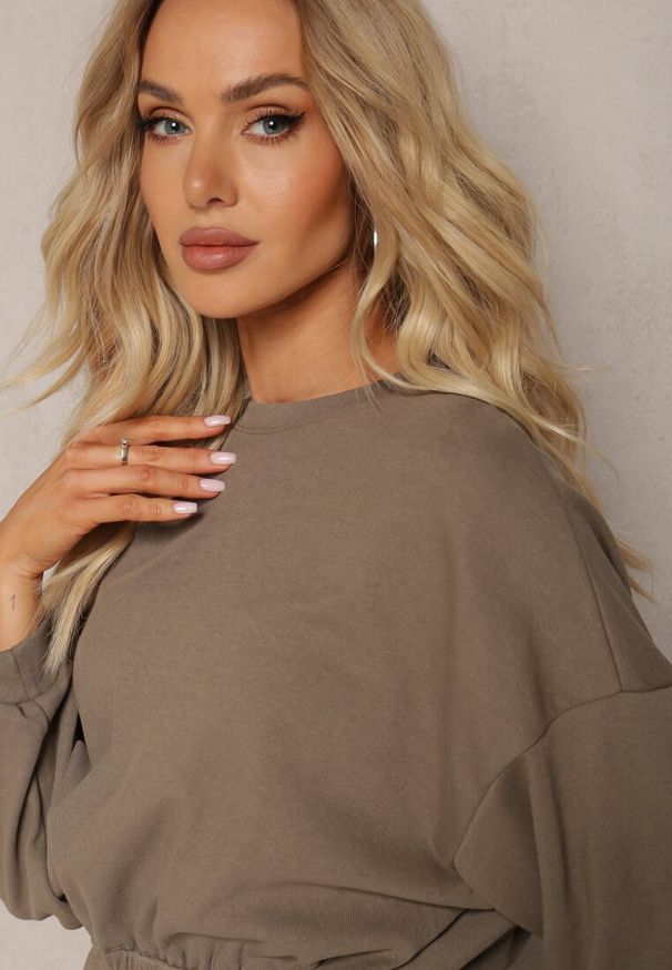 Renee - Ciemnozielony Bawełniany Komplet Bluza Krótka ze Ściągaczem i Szerokie Spodnie ze Sznurkiem w Pasie Rionnea. Kolor: zielony. Materiał: bawełna