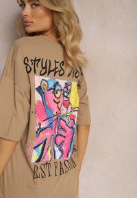 Renee - Beżowy Bawełniany T-shirt o Fasonie Oversize z Nadrukiem na Przodzie Lisitha. Kolor: beżowy. Materiał: bawełna. Wzór: nadruk #5