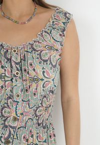 Born2be - Miętowo-Różowa Rozkloszowana Sukienka Midi na Szerokich Ramiączkach z Gumkami w Pasie Anelanie. Typ kołnierza: kołnierz z falbankami. Kolor: miętowy. Długość rękawa: na ramiączkach. Wzór: aplikacja, kwiaty. Długość: midi #4