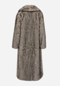 Born2be - Beżowo-Czarny Długi Płaszcz Futrzany z Kołnierzem Banisse. Okazja: na co dzień. Kolor: beżowy. Materiał: futro. Długość: długie. Styl: klasyczny, casual, elegancki #5