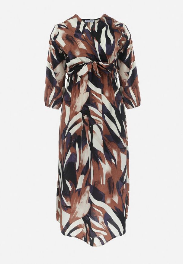 Born2be - Brązowa Rozkloszowana Sukienka z Gumką w Pasie Merlina. Kolor: brązowy. Materiał: materiał. Typ sukienki: kopertowe. Długość: maxi