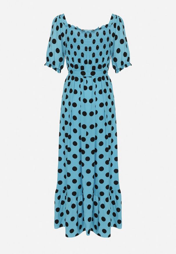 Born2be - Niebiesko-Czarna Sukienka z Bufiastymi Rękawami i Gumkami przy Dekolcie z Falbanką i Paskiem w Talii Tesree. Okazja: na co dzień. Typ kołnierza: dekolt kwadratowy. Kolor: niebieski. Materiał: bawełna, materiał. Styl: casual, retro