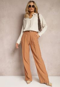 Renee - Brązowe Szerokie Spodnie Palazzo High Waist Neridana. Stan: podwyższony. Kolor: brązowy. Materiał: materiał. Styl: elegancki