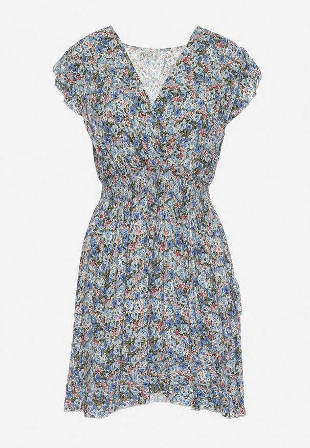 Born2be - Niebieska Bawełniana Sukienka z Gumką w Talii w Kwiatowy Wzór Bomalia. Typ kołnierza: kołnierz z falbankami. Kolor: niebieski. Materiał: bawełna. Wzór: kwiaty. Sezon: lato