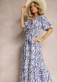 Renee - Granatowo-Biała Sukienka z Wiskozy i Bawełny Ozdobiona Falbaną i Sznurkiem w Pasie Vantia. Okazja: na co dzień. Kolor: niebieski. Materiał: bawełna, wiskoza. Wzór: aplikacja. Sezon: lato. Typ sukienki: proste. Styl: casual, elegancki #5