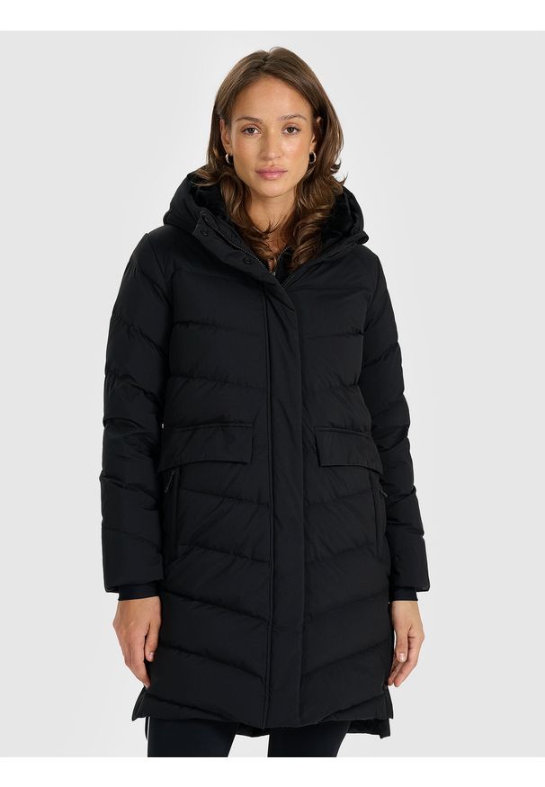 4f - 4F Płaszcz puchowy z wypełnieniem naturalnym damski - czarny M. Okazja: na co dzień. Typ kołnierza: kaptur. Kolor: czarny. Materiał: puch. Długość: do kolan. Sezon: zima. Styl: casual