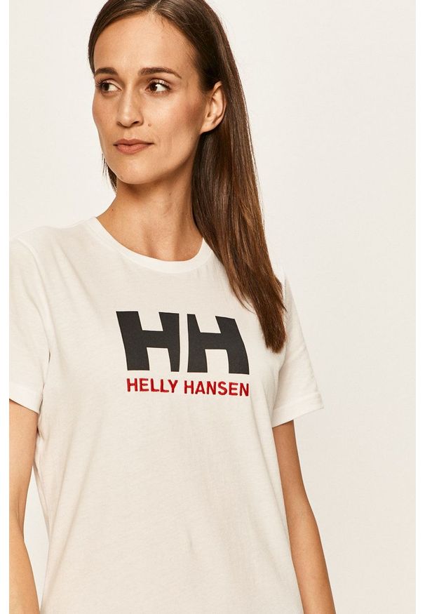 Helly Hansen T-shirt bawełniany kolor biały. Okazja: na co dzień. Kolor: biały. Materiał: bawełna. Wzór: nadruk. Styl: casual