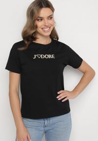 Born2be - Czarny Bawełniany T-shirt Ozdobiony Napisem Nalaviraen. Okazja: na randkę, na co dzień, na spacer. Kolor: czarny. Materiał: bawełna. Wzór: aplikacja, napisy. Styl: casual, elegancki #4