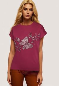 Born2be - Ciemnofioletowy Klasyczny Bawełniany T-shirt z Nadrukiem Wiloa. Kolor: fioletowy. Materiał: bawełna. Wzór: nadruk. Styl: klasyczny #1