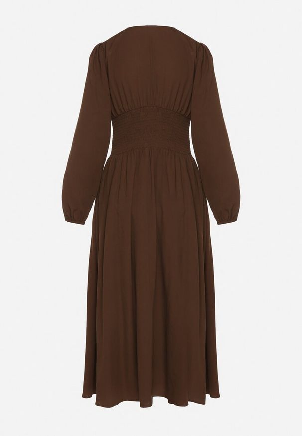 Born2be - Brązowa Sukienka z Wiskozą o Kroju z Gorsetową Talią i Bufiastymi Rękawami Aniste. Okazja: na co dzień. Typ kołnierza: dekolt gorset. Kolor: brązowy. Materiał: wiskoza. Typ sukienki: gorsetowe. Styl: wizytowy, casual, elegancki, sportowy