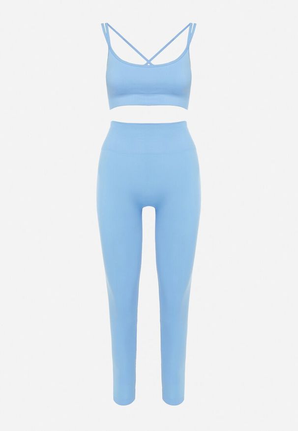 Born2be - Niebieski Komplet Sportowy Biustonosz na Ramiączkach i Legginsy z Gumką w Pasie Nadlira. Kolor: niebieski. Sport: fitness