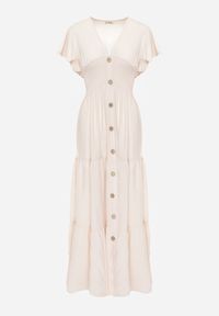 Renee - Beżowa Sukienka z Wiskozy Lobsy. Okazja: na co dzień, na spacer. Kolor: beżowy. Materiał: wiskoza. Długość rękawa: krótki rękaw. Wzór: aplikacja, gładki. Sezon: lato. Styl: casual. Długość: maxi #2