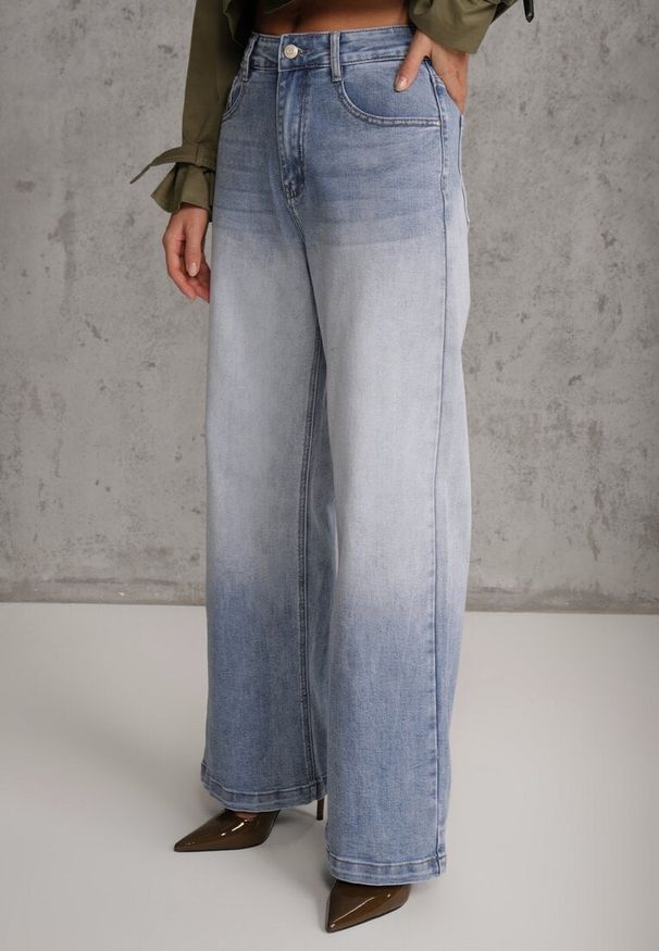 Renee - Niebieskie Jeansy Szerokie z Wytarciami High Waist Calale. Stan: podwyższony. Kolor: niebieski. Styl: elegancki