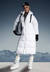 Born2be - Biała Długa Kurtka Pikowana Płaszcz na Zamek z Kapturem Lesea. Okazja: na co dzień. Typ kołnierza: kaptur. Kolor: biały. Materiał: dzianina, jeans. Długość: długie. Styl: casual, elegancki #3