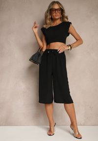 Renee - Czarne Spodnie Kuloty z Bawełną High Waist Azetia. Okazja: na co dzień. Stan: podwyższony. Kolor: czarny. Materiał: bawełna. Sezon: lato, wiosna. Styl: sportowy, elegancki, casual