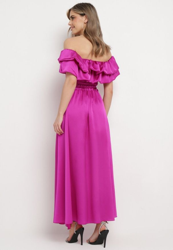 Born2be - Fioletowy Komplet z Bluzką Hiszpanką z Falbankami i Spódnicą z Długim Rozcięciem na Boku Cevana. Kolor: fioletowy. Materiał: materiał. Wzór: aplikacja