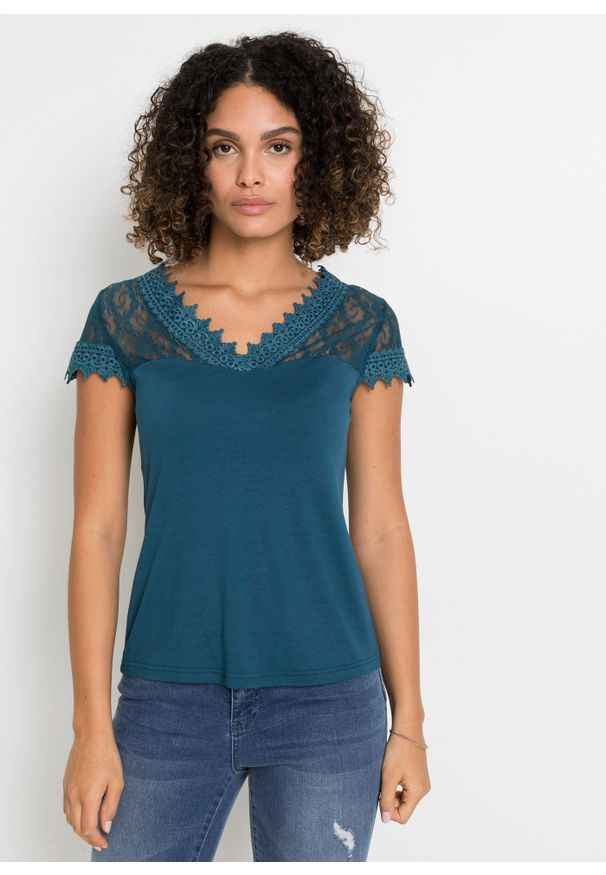 bonprix - Shirt z koronką, ze zrównoważonej wiskozy. Kolor: niebieski. Materiał: wiskoza, koronka. Wzór: koronka