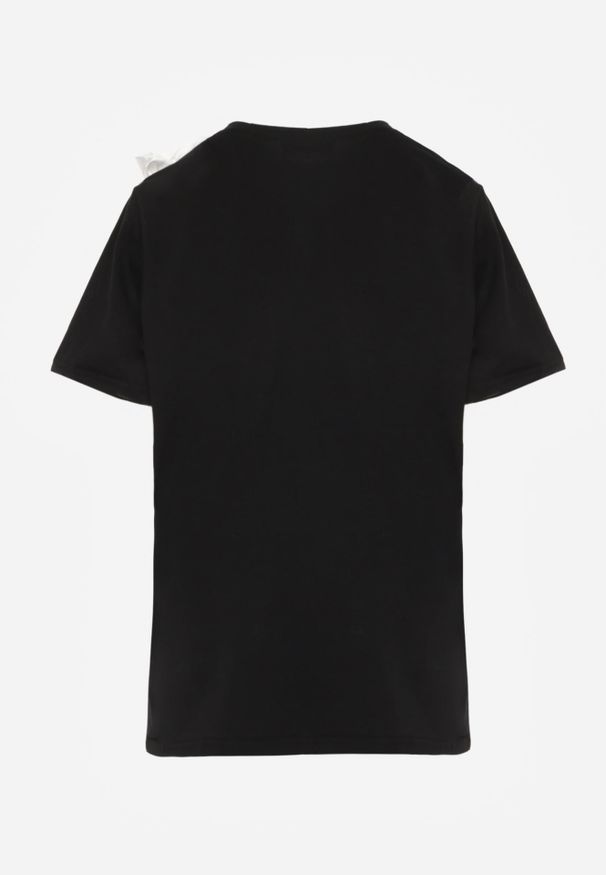 Renee - Czarno-Biały Bawełniany T-shirt o Klasycznym Kroju z Kwiatowymi Aplikacjami 3D Morgane. Okazja: do pracy. Kolor: czarny. Materiał: bawełna. Wzór: aplikacja, kwiaty. Styl: klasyczny