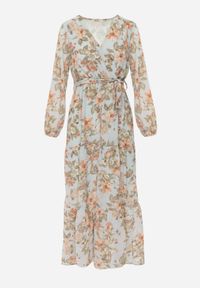 Renee - Miętowa Sukienka Maxi z Kopertowym Dekoltem i Gumką z Wiązaniem w Talii Alret. Kolor: miętowy. Długość rękawa: długi rękaw. Wzór: kwiaty. Typ sukienki: kopertowe. Długość: maxi #8