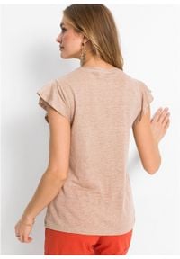Shirt lniany z rękawami falbanowymi bonprix migdałowy beżowy. Kolor: brązowy. Materiał: len #5