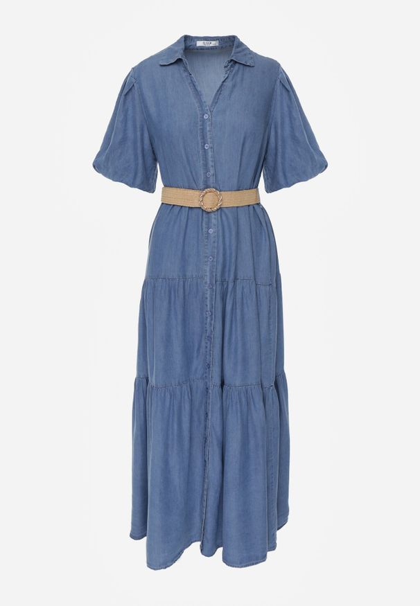 Born2be - Jasnoniebieska Sukienka Koszulowa z Wiskozą Bufiastymi Rękawami i Plecionym Paskiem Eriflara. Kolor: niebieski. Materiał: wiskoza. Wzór: ażurowy. Typ sukienki: koszulowe. Styl: elegancki, klasyczny