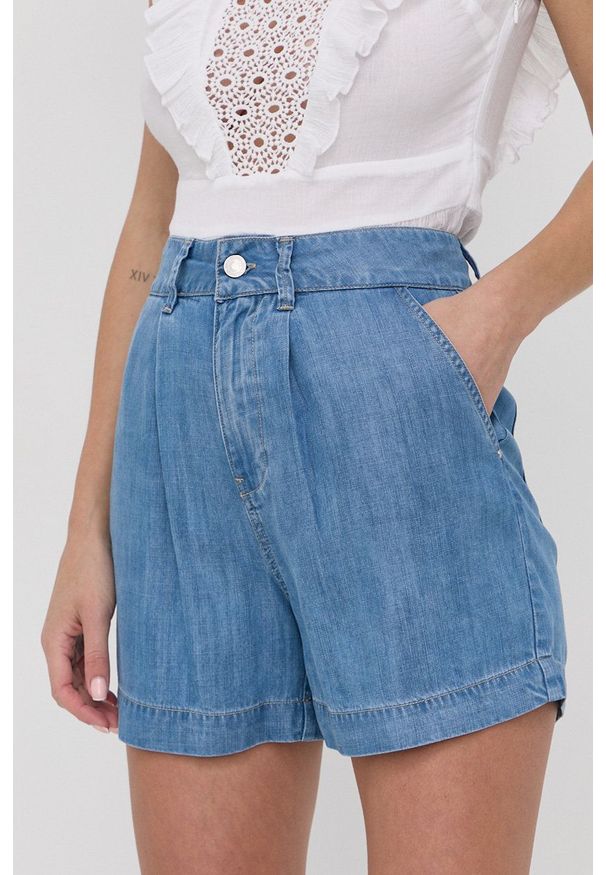 Guess szorty jeansowe damskie gładkie high waist. Okazja: na co dzień. Stan: podwyższony. Kolor: niebieski. Materiał: jeans. Wzór: gładki. Styl: casual